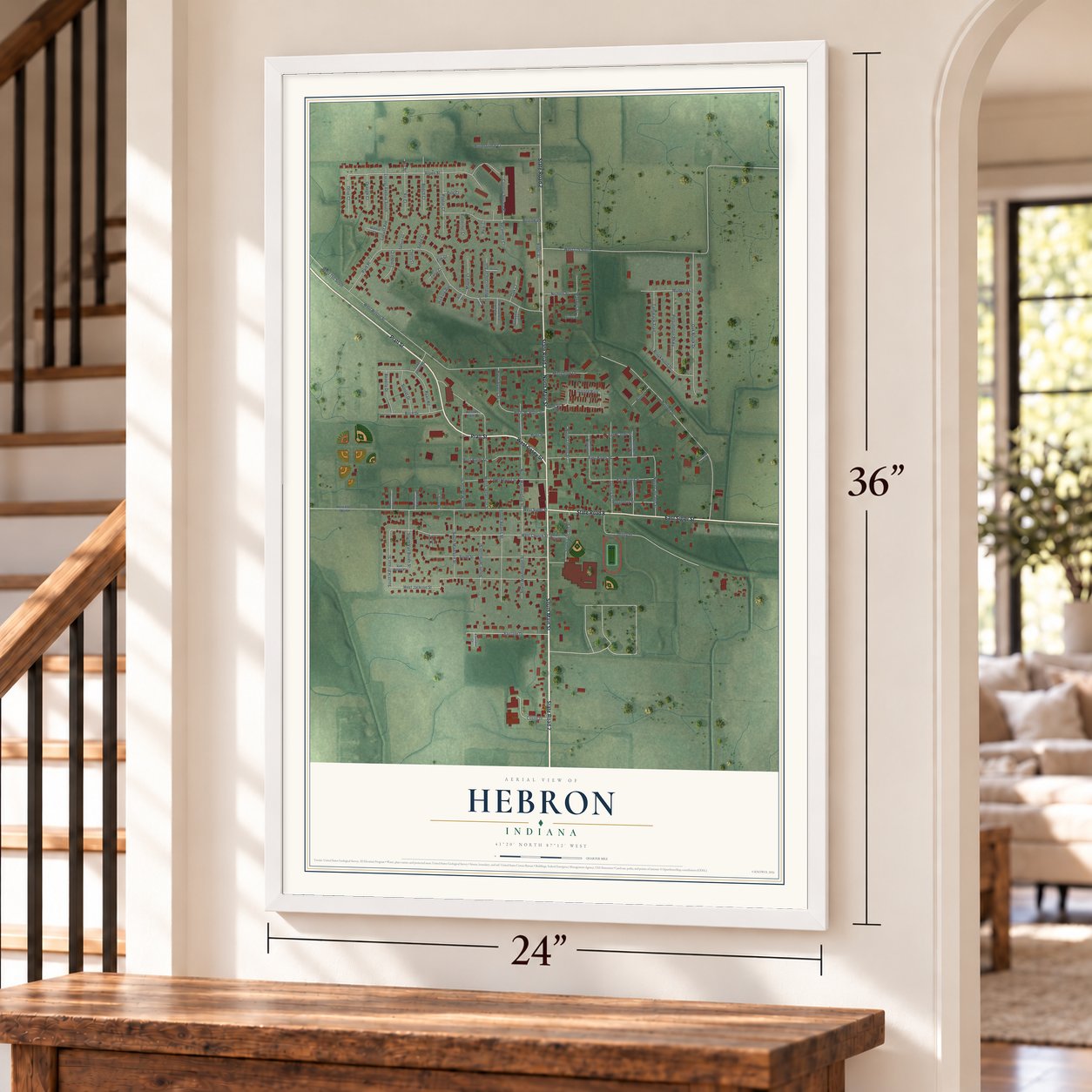 Hebron, Indiana map, 24 x 36 inch print in a white frame by a staircase