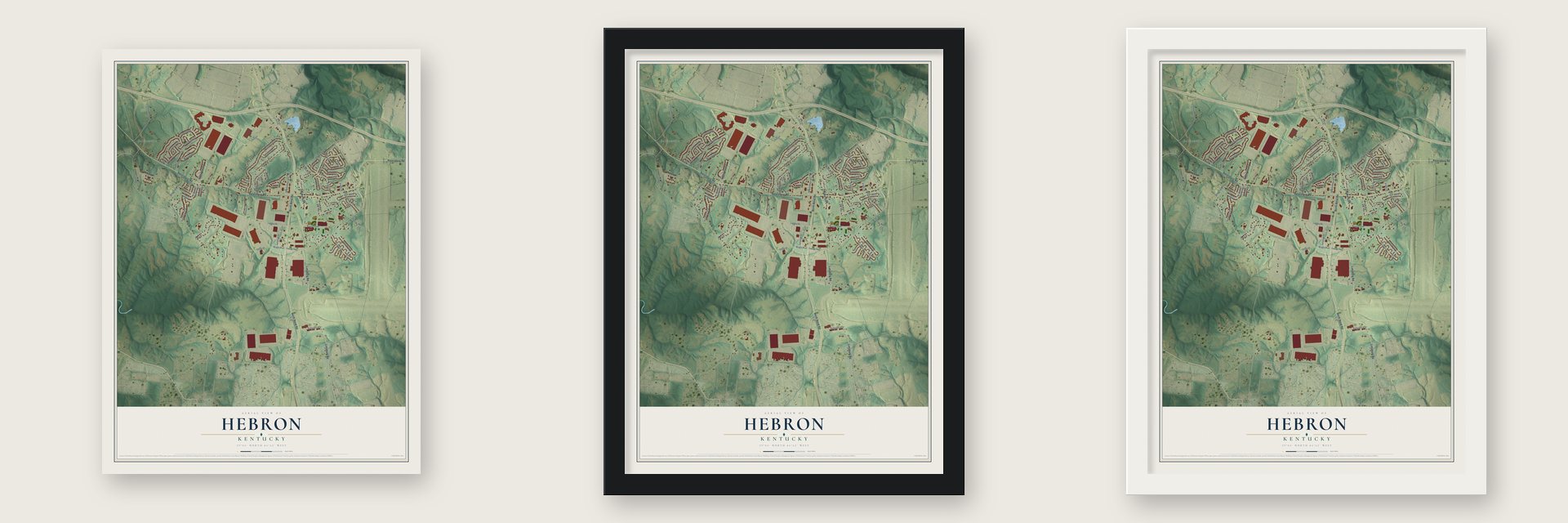 Hebron, Kentucky map unframed, in a black wood frame and in a white wood frame