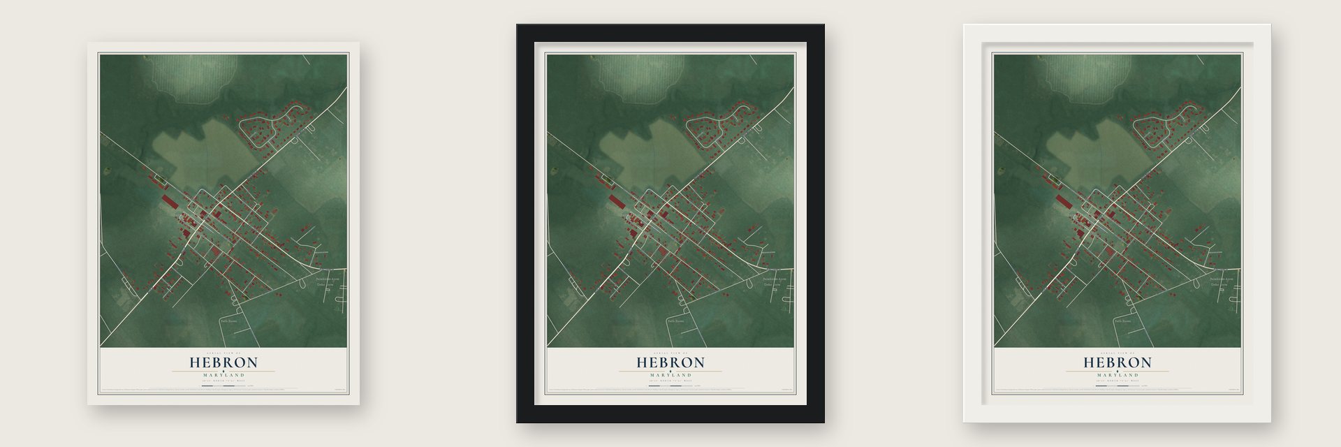 Hebron, Maryland map unframed, in a black wood frame and in a white wood frame