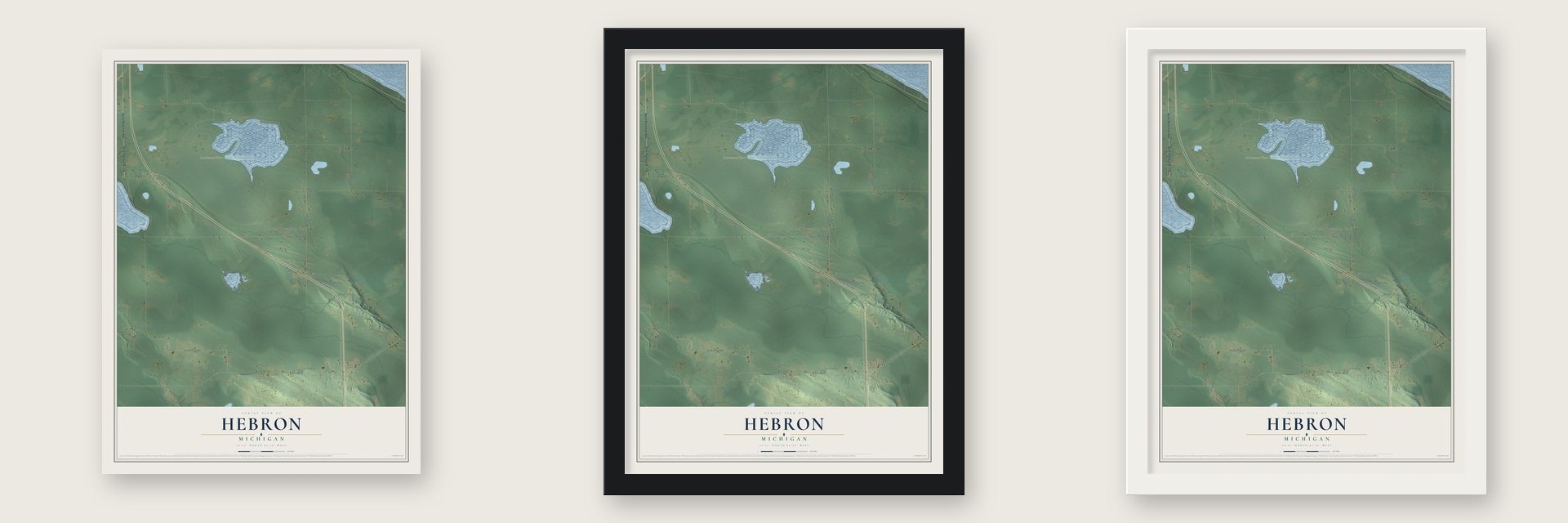 Hebron, Michigan map unframed, in a black wood frame and in a white wood frame