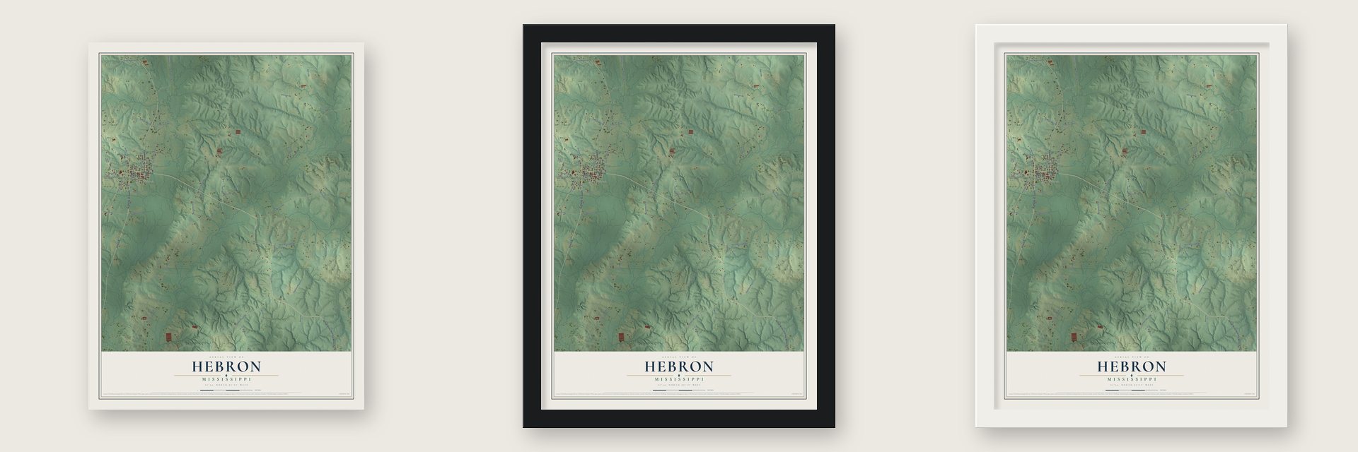 Hebron, Mississippi map unframed, in a black wood frame and in a white wood frame