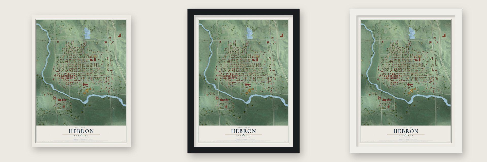 Hebron, Nebraska map unframed, in a black wood frame and in a white wood frame