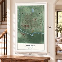 Hebron, Nebraska map, 24 x 36 inch print in a white frame by a staircase