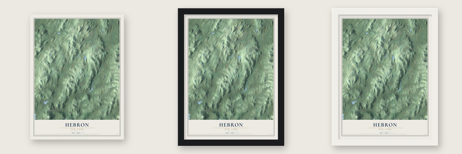 Hebron, New York map unframed, in a black wood frame and in a white wood frame