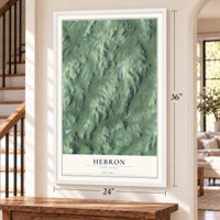 Hebron, New York map, 24 x 36 inch print in a white frame by a staircase