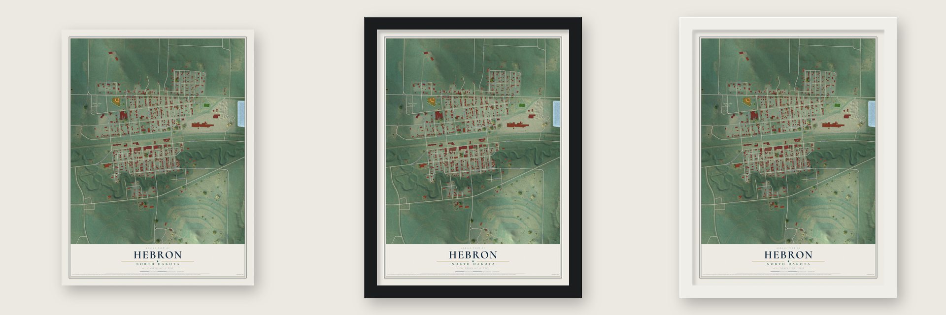 Hebron, North Dakota map unframed, in a black wood frame and in a white wood frame
