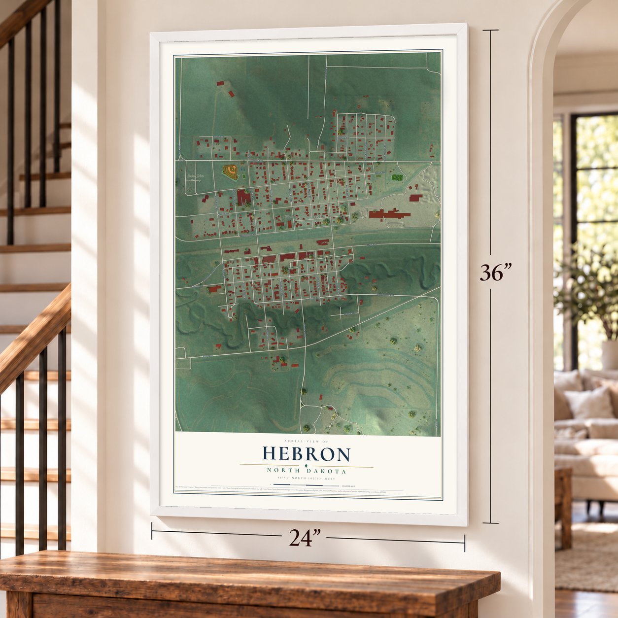 Hebron, North Dakota map, 24 x 36 inch print in a white frame by a staircase