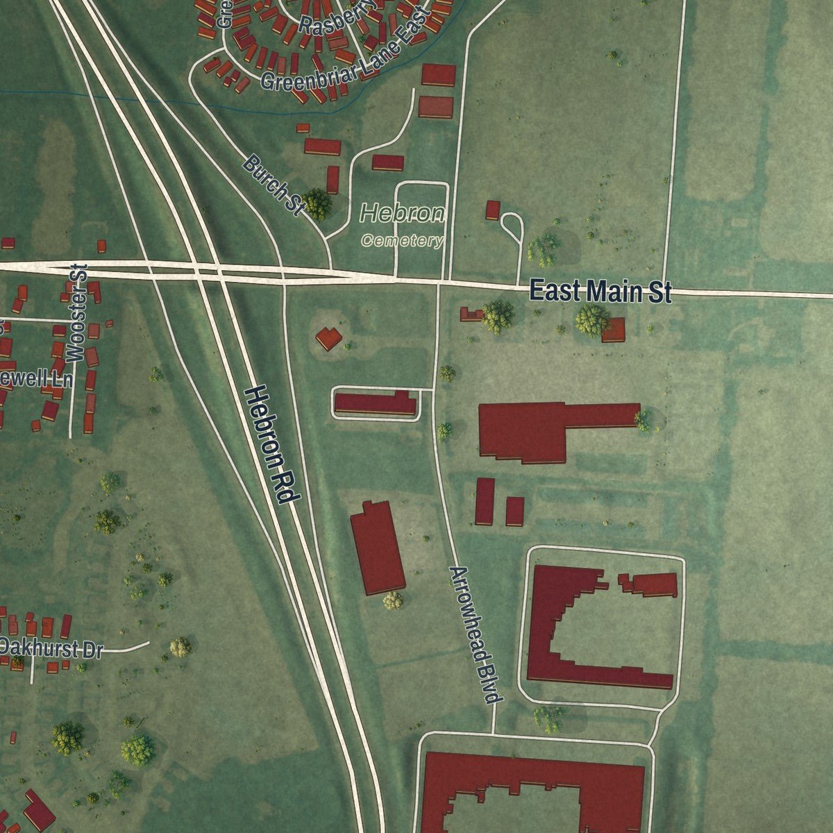 Second close-up of the map of Hebron, Ohio print showing more streets and buildings