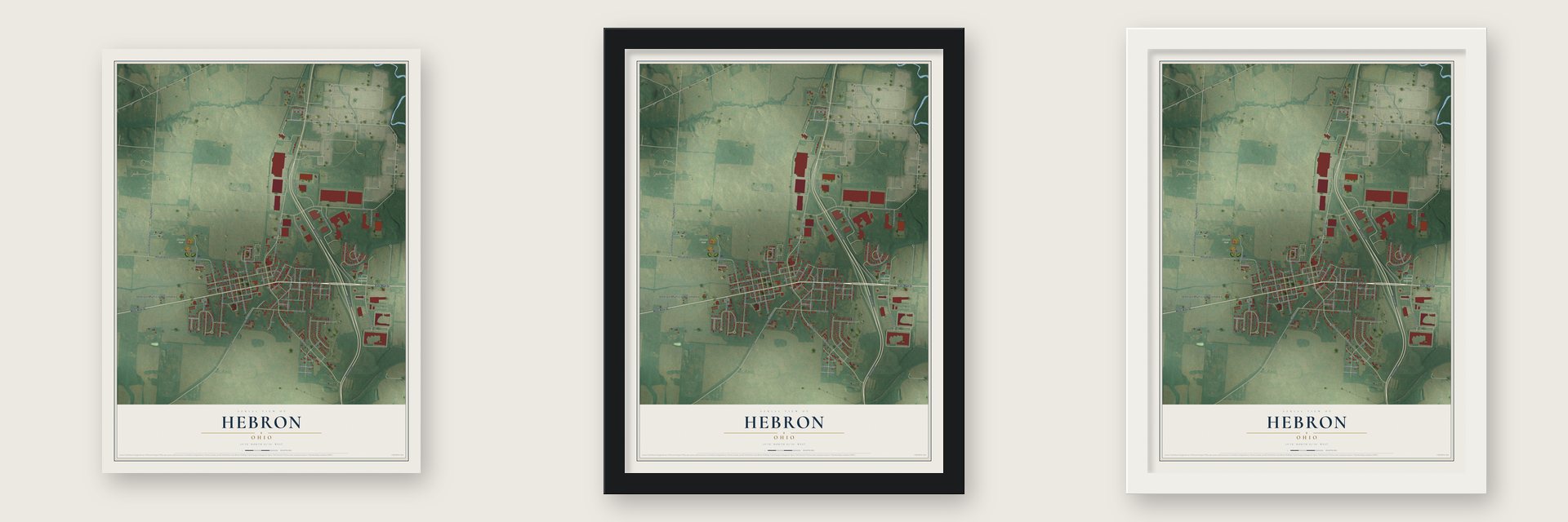 Hebron, Ohio map unframed, in a black wood frame and in a white wood frame