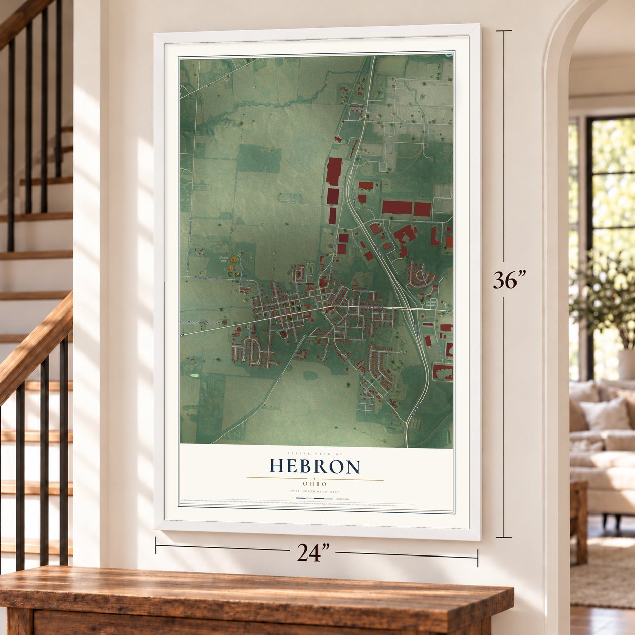 Hebron, Ohio map, 24 x 36 inch print in a white frame by a staircase