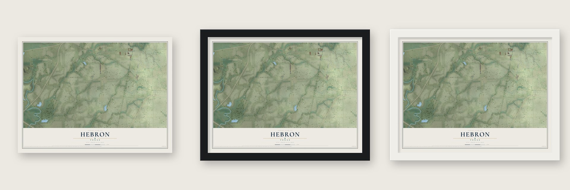 Hebron, Texas map unframed, in a black wood frame and in a white wood frame