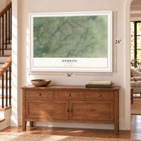 Hebron, Texas map, 24 x 36 inch print in a white frame above a dresser by a staircase