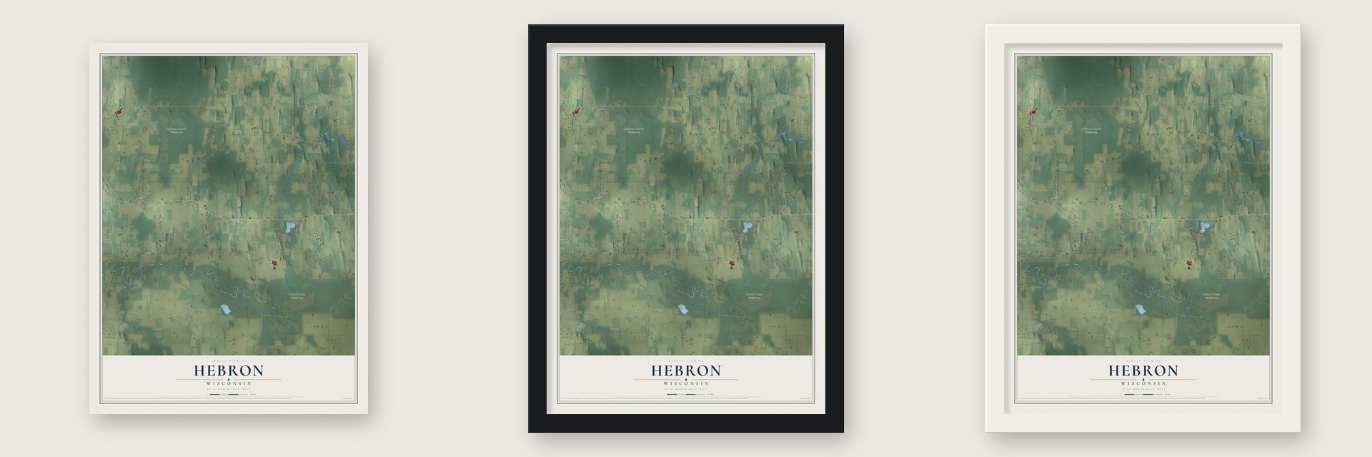 Hebron, Wisconsin map unframed, in a black wood frame and in a white wood frame