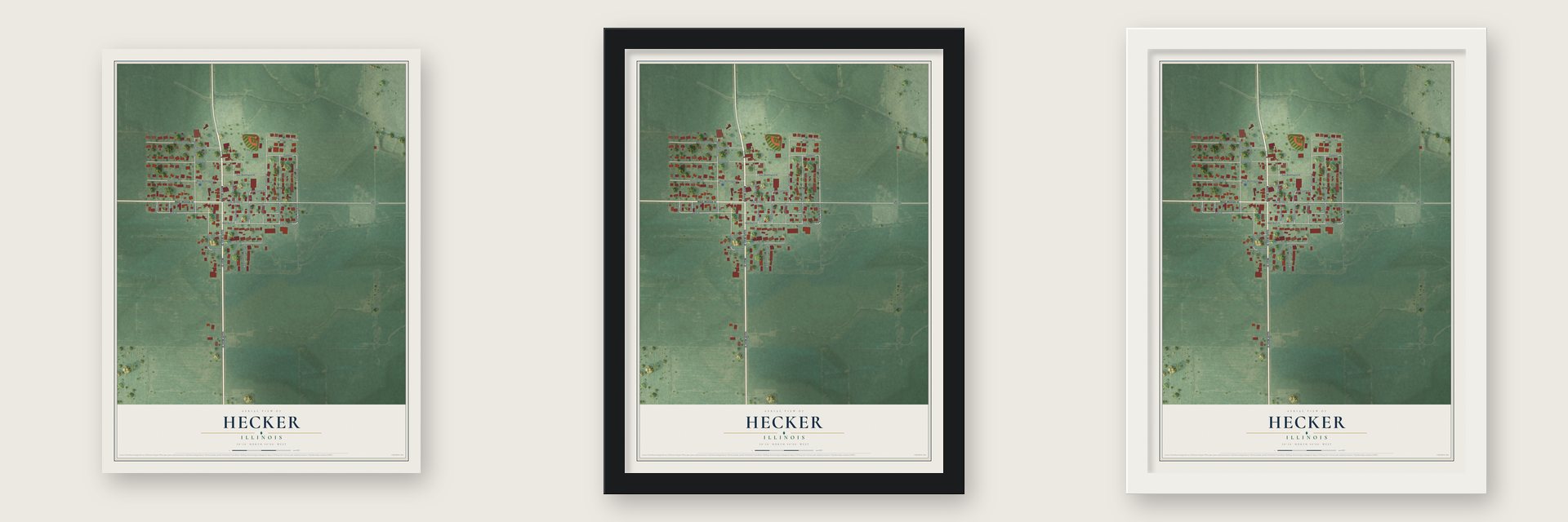 Hecker, Illinois map unframed, in a black wood frame and in a white wood frame