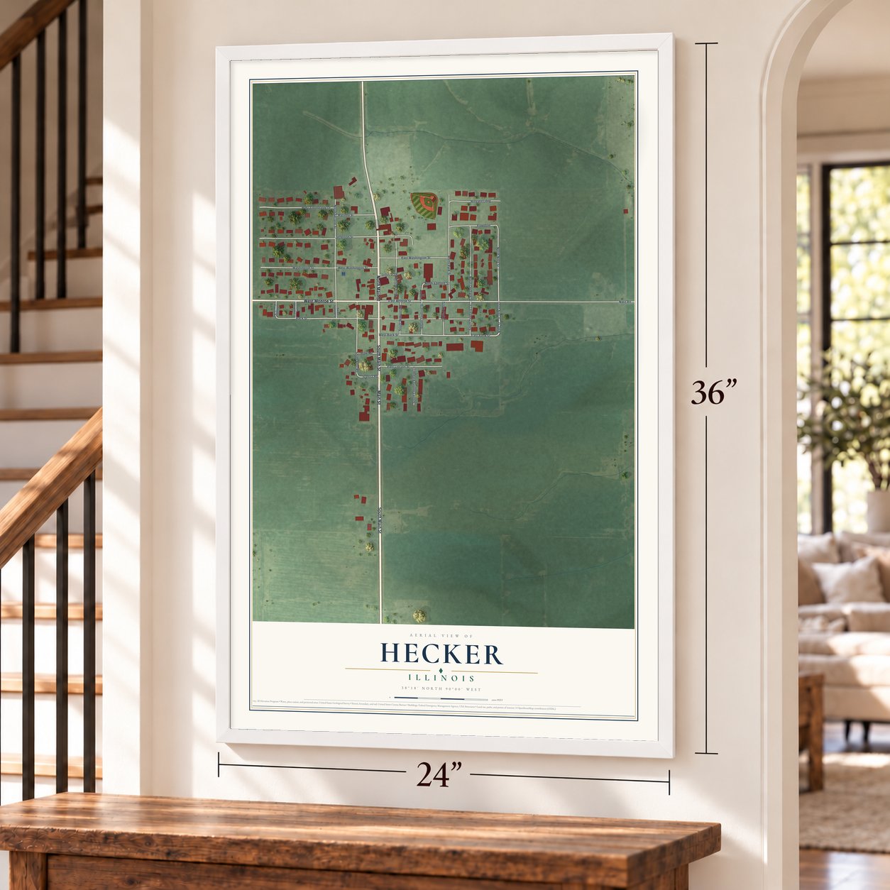 Hecker, Illinois map, 24 x 36 inch print in a white frame by a staircase
