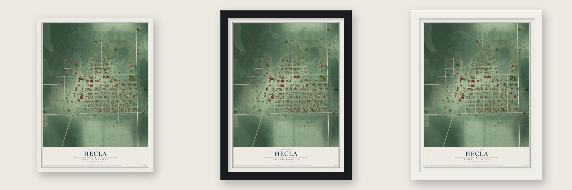 Hecla, South Dakota map unframed, in a black wood frame and in a white wood frame