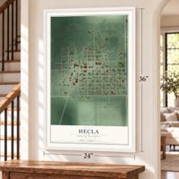 Hecla, South Dakota map, 24 x 36 inch print in a white frame by a staircase