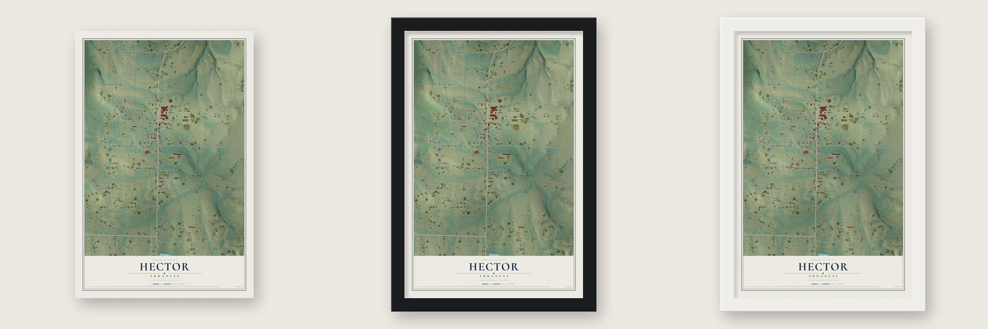 Hector, Arkansas map unframed, in a black wood frame and in a white wood frame