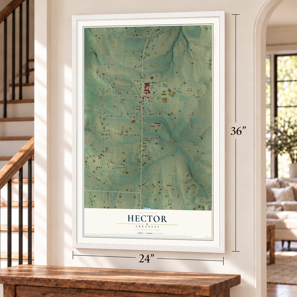 Hector, Arkansas map, 24 x 36 inch print in a white frame by a staircase