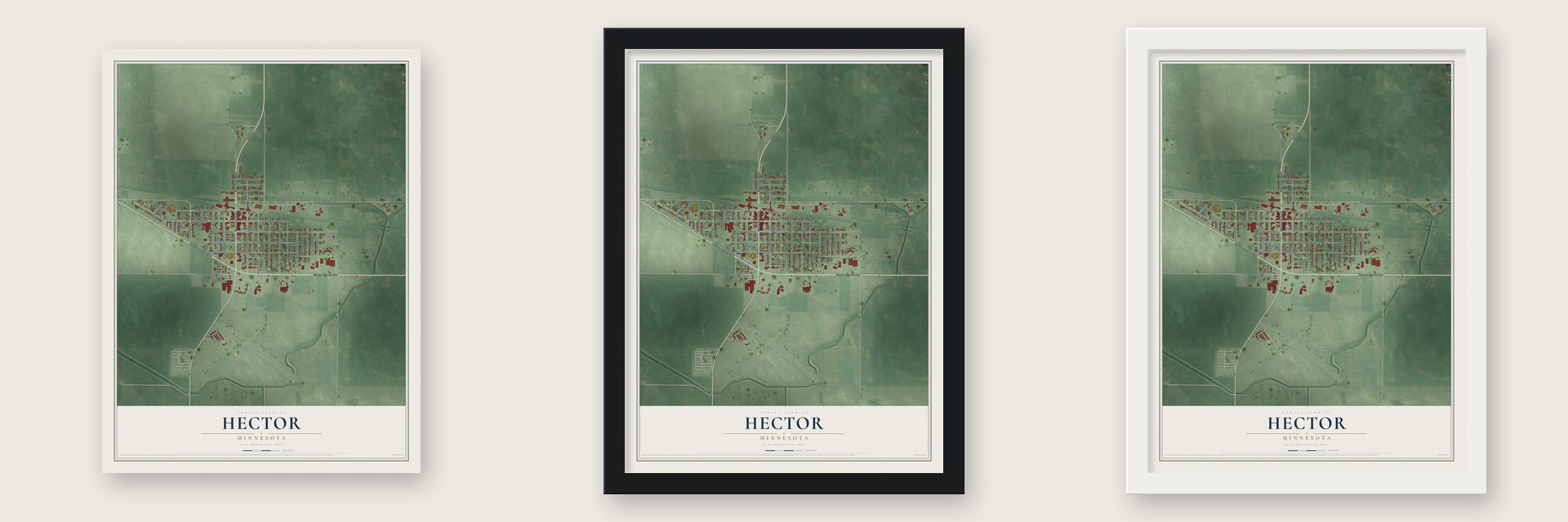 Hector, Minnesota map unframed, in a black wood frame and in a white wood frame
