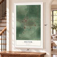 Hector, Minnesota map, 24 x 36 inch print in a white frame by a staircase
