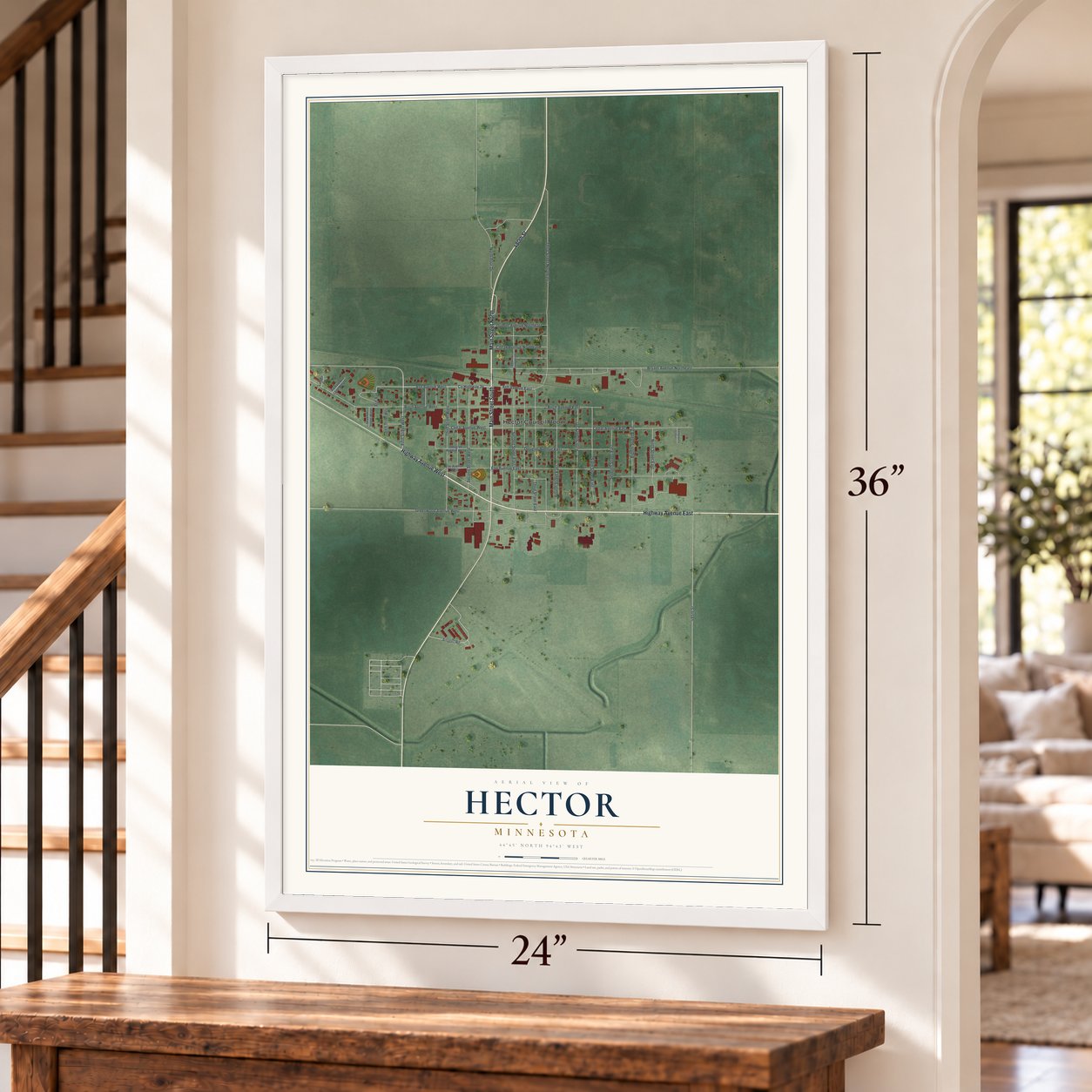 Hector, Minnesota map, 24 x 36 inch print in a white frame by a staircase