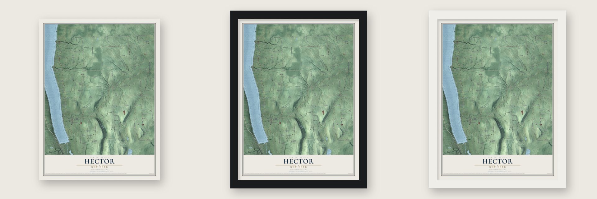 Hector, New York map unframed, in a black wood frame and in a white wood frame