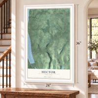 Hector, New York map, 24 x 36 inch print in a white frame by a staircase