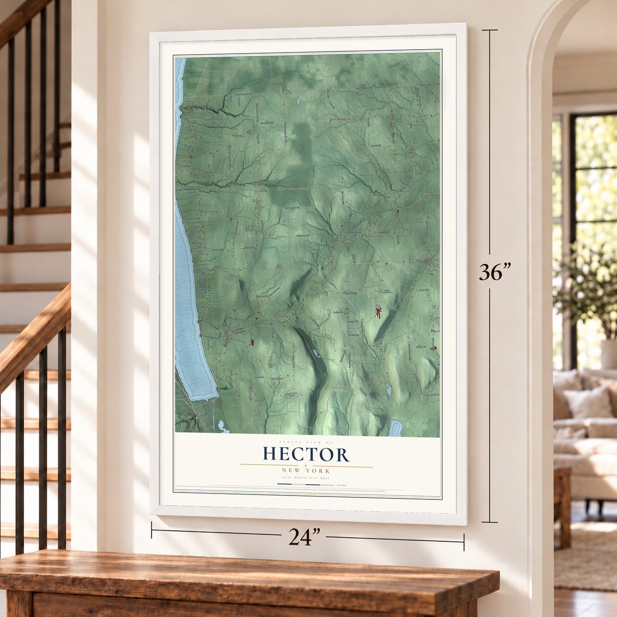 Hector, New York map, 24 x 36 inch print in a white frame by a staircase