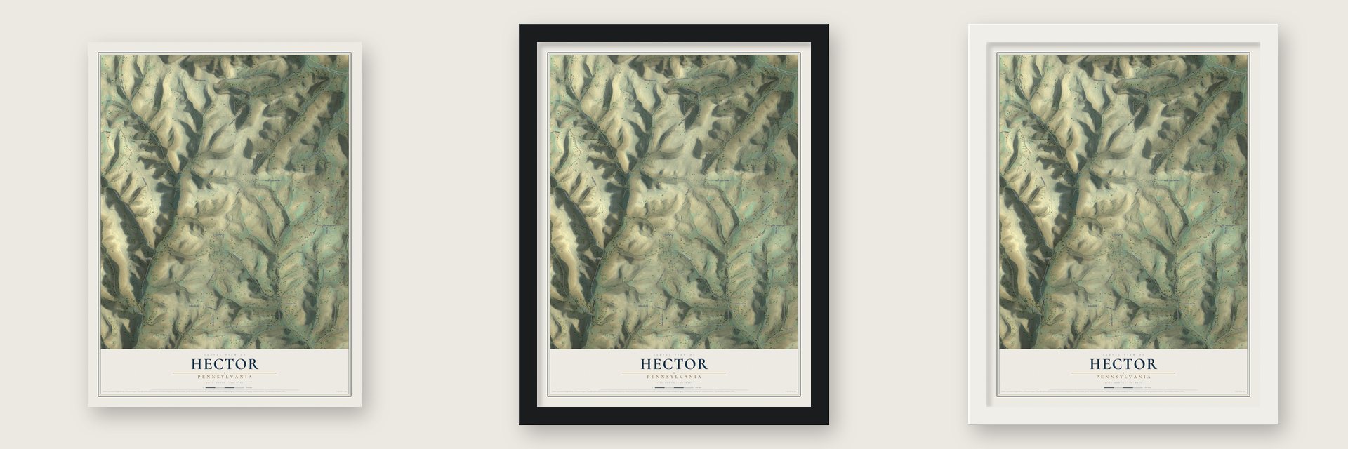 Hector, Pennsylvania map unframed, in a black wood frame and in a white wood frame
