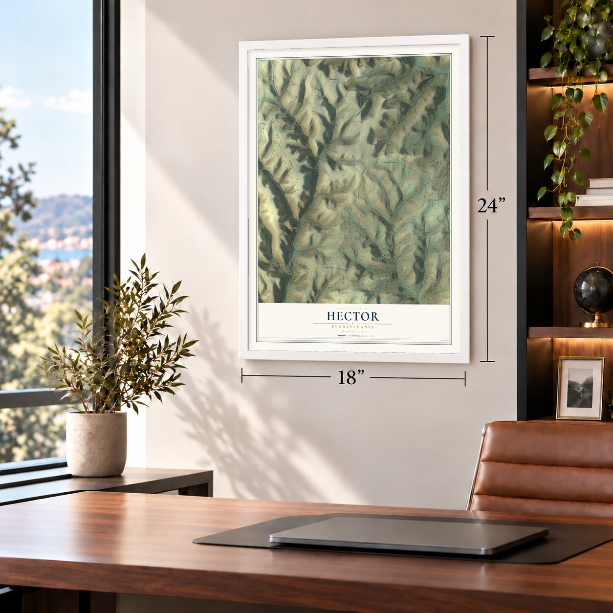 Hector, Pennsylvania map, 18 x 24 inch print in a white frame in a home office