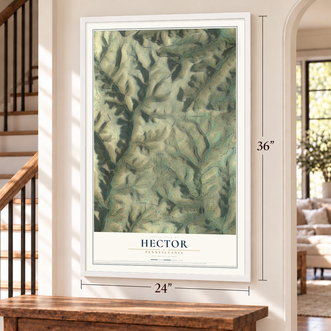 Hector, Pennsylvania map, 24 x 36 inch print in a white frame by a staircase
