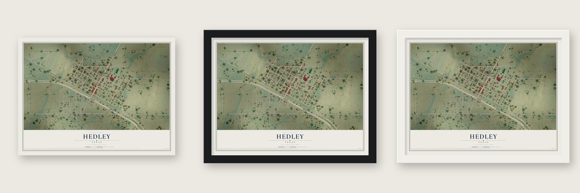 Hedley, Texas map unframed, in a black wood frame and in a white wood frame