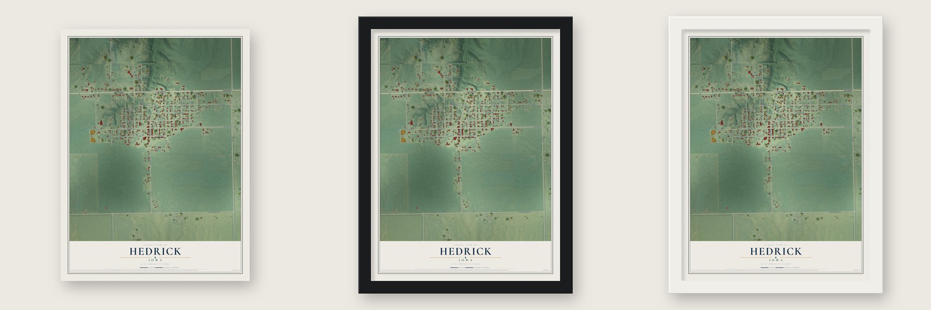 Hedrick, Iowa map unframed, in a black wood frame and in a white wood frame