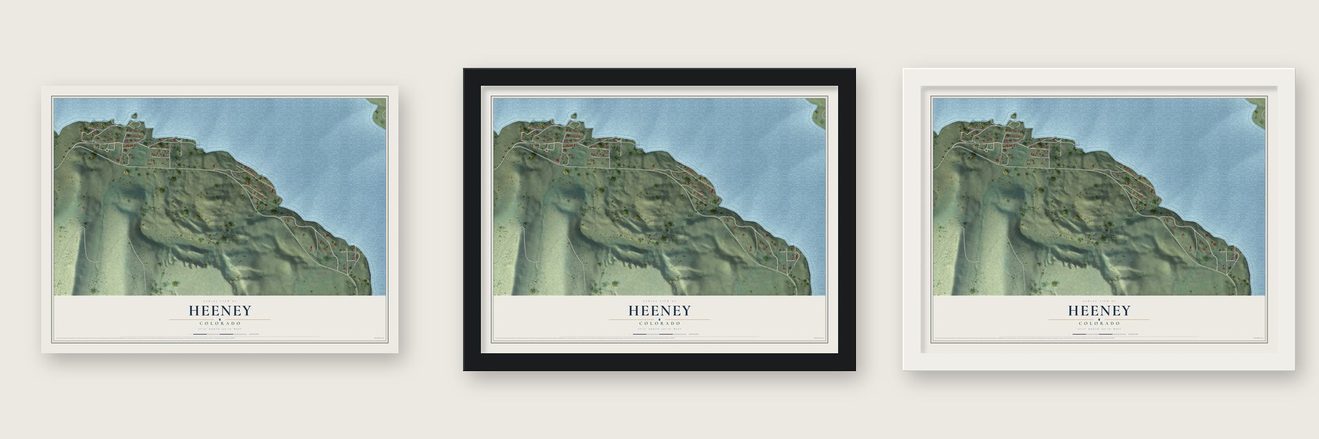Heeney, Colorado map unframed, in a black wood frame and in a white wood frame