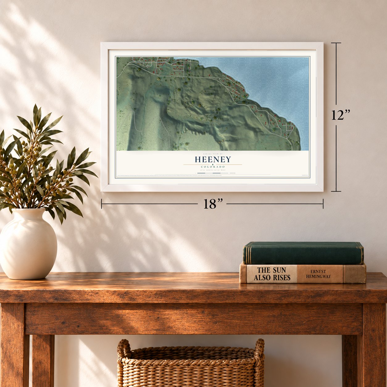 Heeney, Colorado map, 12 x 18 inch print in a white frame in an entryway