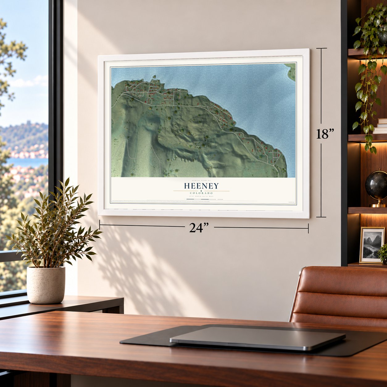 Heeney, Colorado map, 18 x 24 inch print in a white frame in a home office