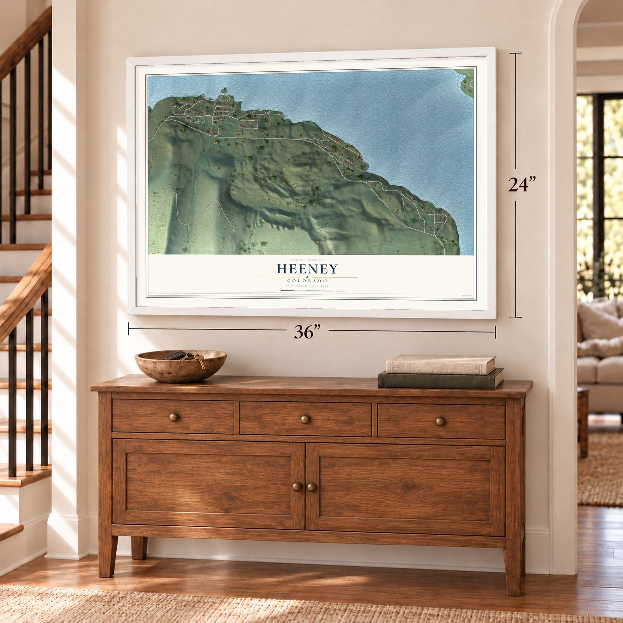 Heeney, Colorado map, 24 x 36 inch print in a white frame above a dresser by a staircase
