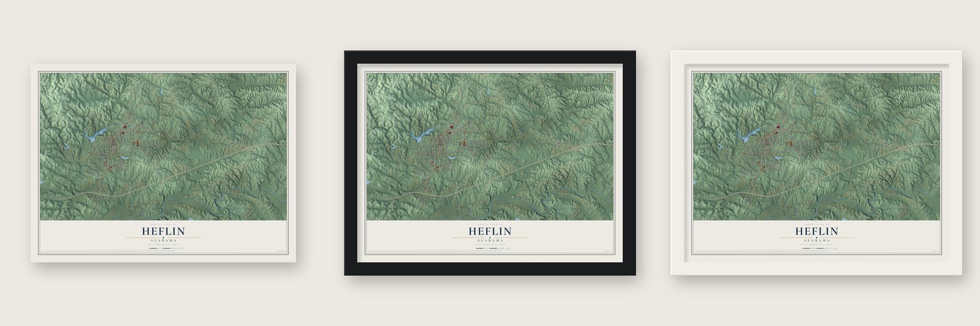 Heflin, Alabama map unframed, in a black wood frame and in a white wood frame