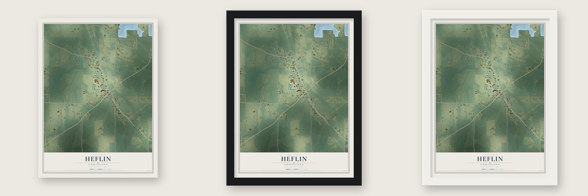 Heflin, Louisiana map unframed, in a black wood frame and in a white wood frame