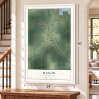Heflin, Louisiana map, 24 x 36 inch print in a white frame by a staircase