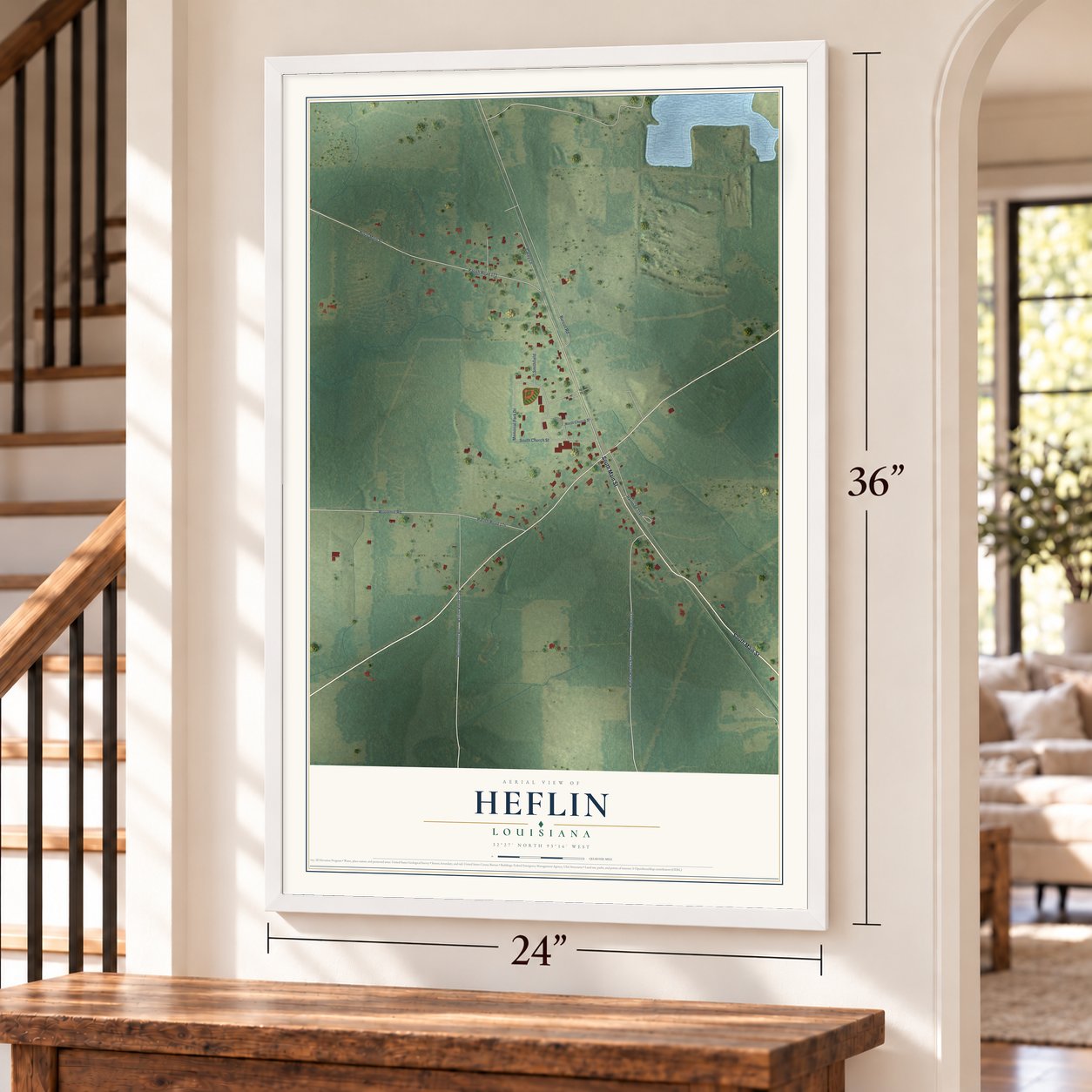 Heflin, Louisiana map, 24 x 36 inch print in a white frame by a staircase