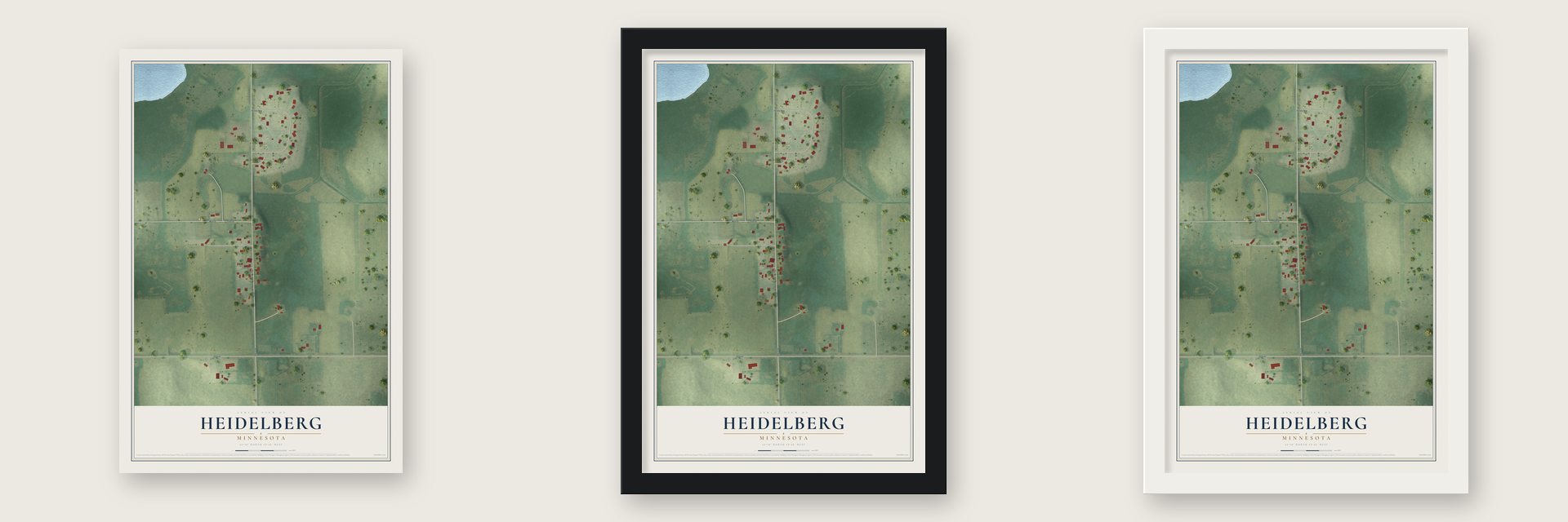 Heidelberg, Minnesota map unframed, in a black wood frame and in a white wood frame