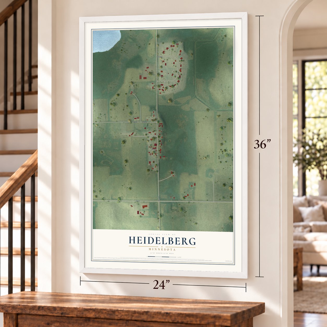 Heidelberg, Minnesota map, 24 x 36 inch print in a white frame by a staircase