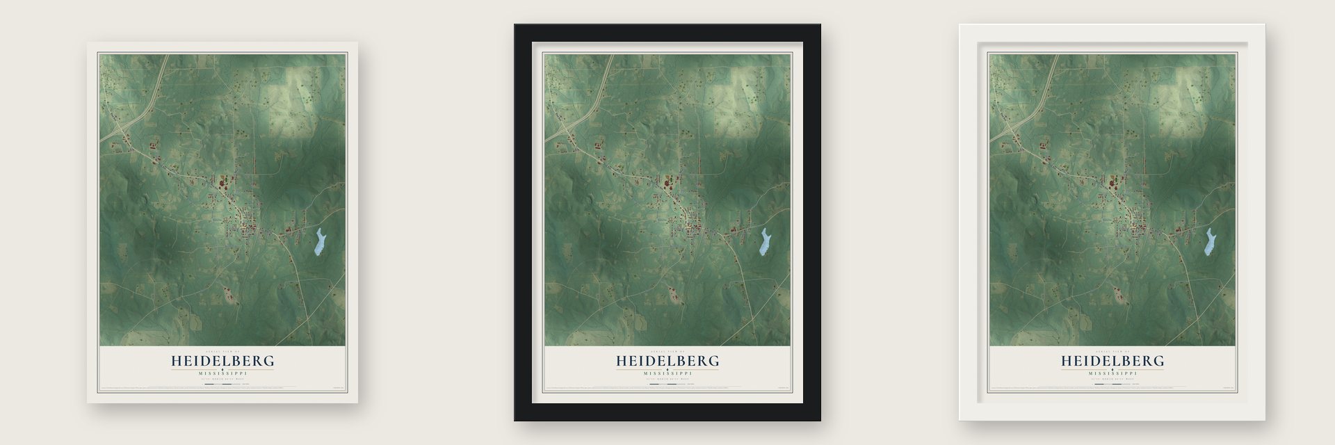 Heidelberg, Mississippi map unframed, in a black wood frame and in a white wood frame