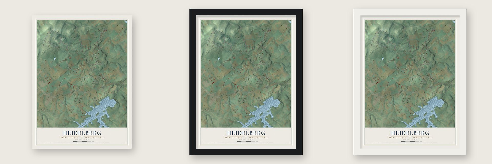 Heidelberg, York County, Pennsylvania map unframed, in a black wood frame and in a white wood frame