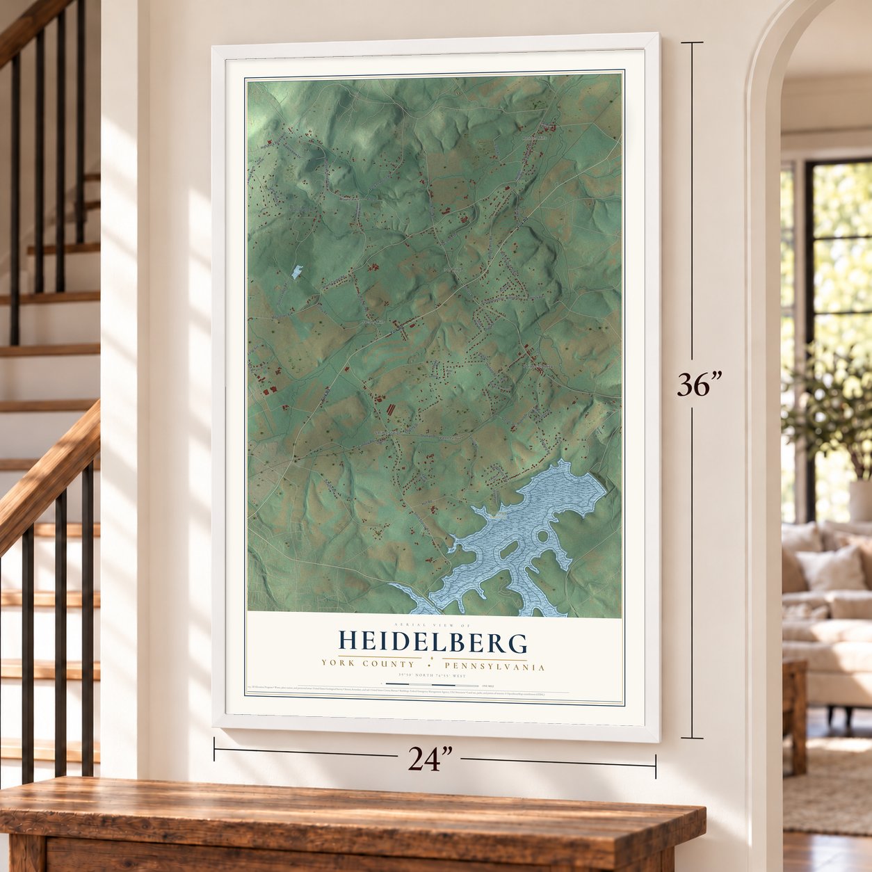Heidelberg, York County, Pennsylvania map, 24 x 36 inch print in a white frame by a staircase
