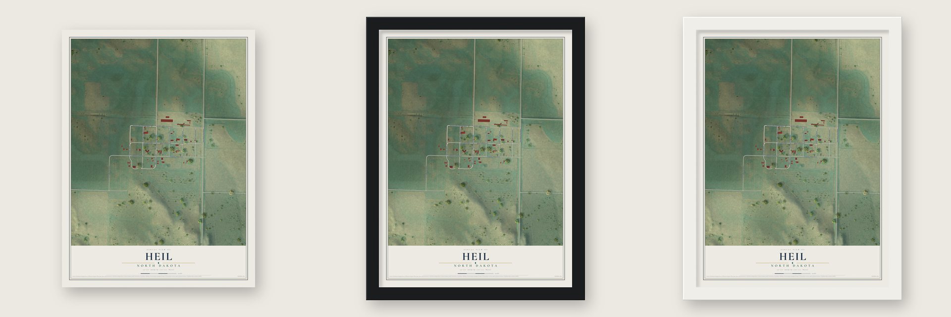 Heil, North Dakota map unframed, in a black wood frame and in a white wood frame