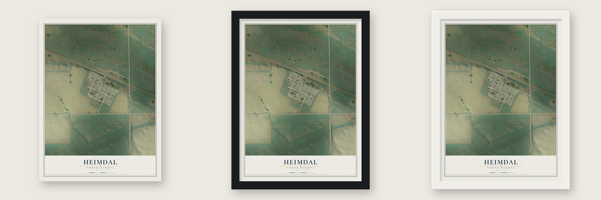 Heimdal, North Dakota map unframed, in a black wood frame and in a white wood frame