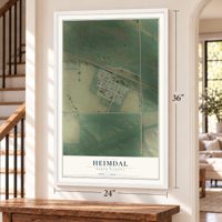 Heimdal, North Dakota map, 24 x 36 inch print in a white frame by a staircase